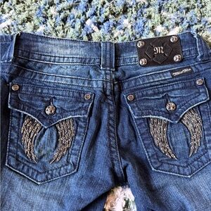 Miss Me Women's Dark Blue Jeans - Rhinestone Wing Pocket